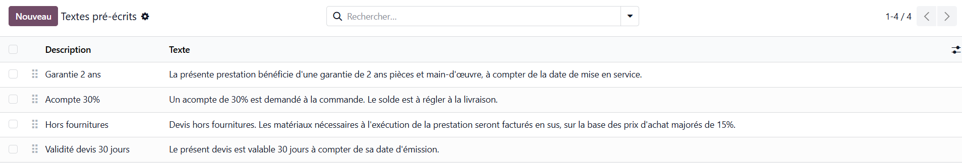 Liste de textes pré écrits