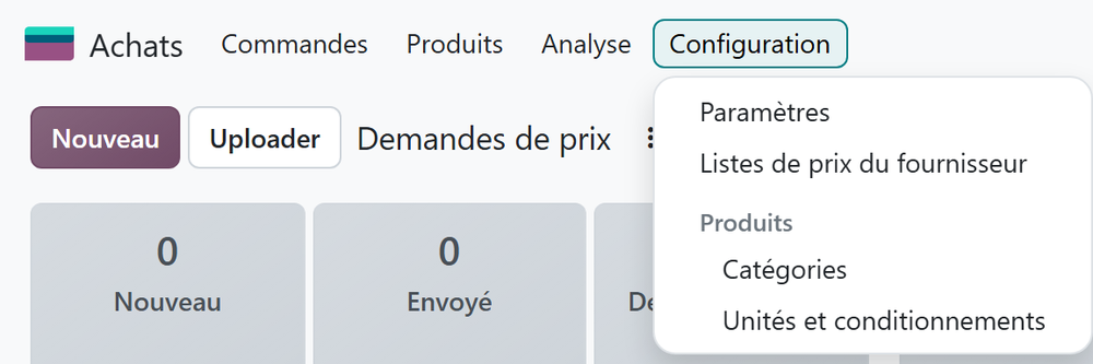 Achats, menu Configuration : Listes de prix du fournisseur.